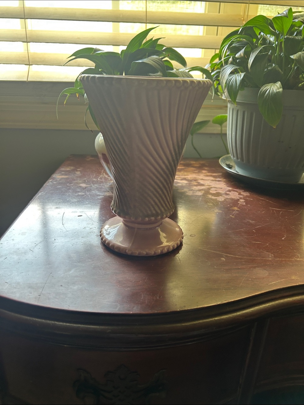 Beautiful vintage McCoy Pottery Swirl Trumpet Vase in pink , orchid or lavender